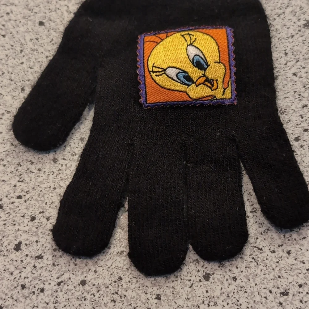 Vintage 1999 Kids Tweety Bird Looney Tunes Black Winter Gloves